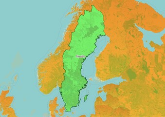 Sweden map showing country highlighted in green color with rest of European countries in brown