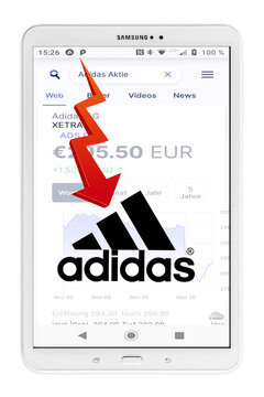 Addidas AG mit Logo Smartphone Aktienmarkt wei&szlig;er Hintergund