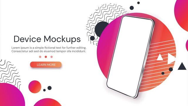 Device mockup concept. Moving smartphone template with blank screen for superimposing images. Layout for landing page with button. 3D rendering with phone display. Realistic advertising animated video