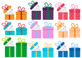 Set of gift boxes. Surprise in the box. Vector illustration.