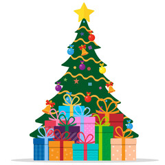 Decorated christmas tree with gift boxes. Vector illustration.
