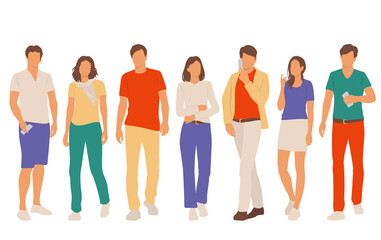 Obraz premium Set of young men and women, different colors, cartoon character, group of silhouettes of standing business people, students, the design concept of flat icon, isolated on white background