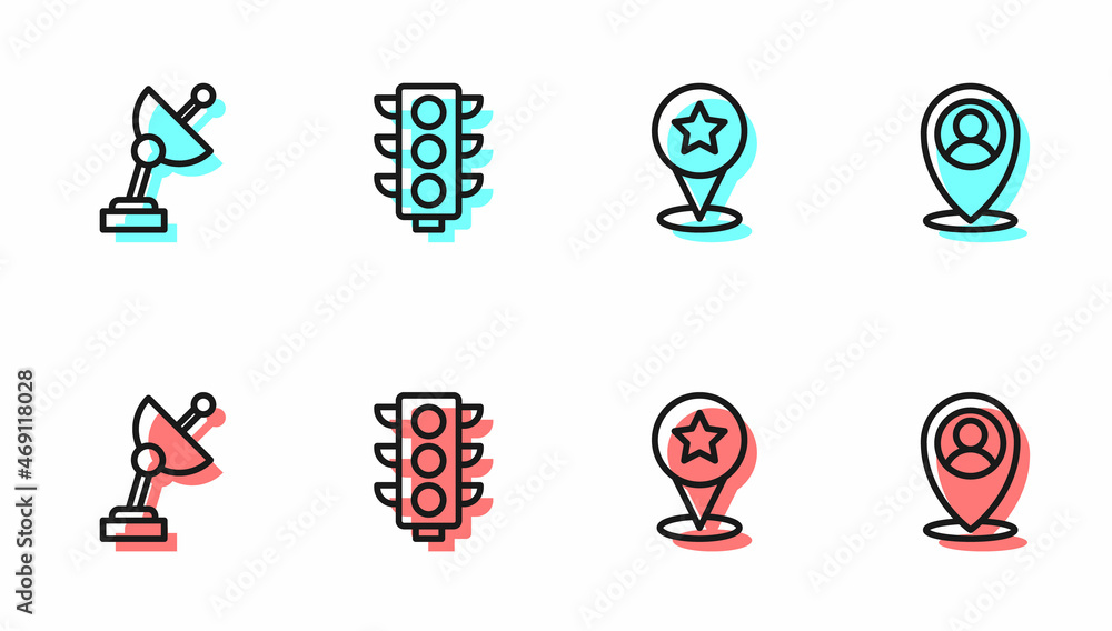 Aufkleber set line map pointer with star, radar, traffic light and location person icon. vector