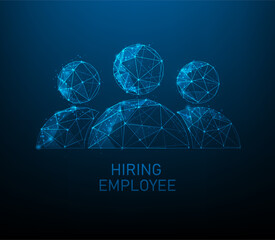 Hiring employees low poly wireframe. business job search icon concept. vector illustration consisting of points, lines, and triangle. isolated on blue dark background.