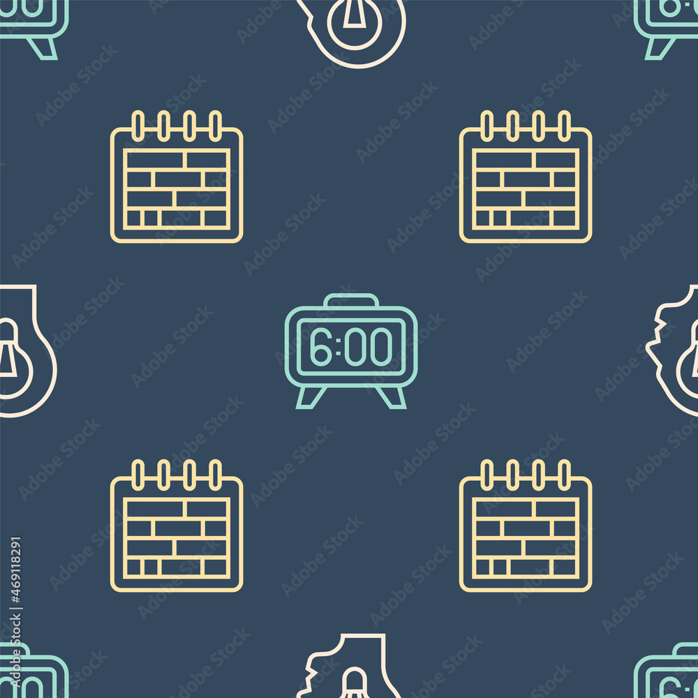 Poster set line human with lamp bulb, calendar and digital alarm clock on seamless pattern. vector