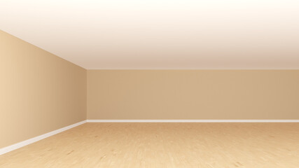 Naklejka premium Empty Corner of the Room with Beige Walls, Parquet Floor and White Plinth. 3d illlustration, 8K Ultra HD, 7680x4320