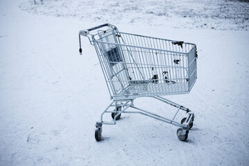 Abandoned shopping cart in city park on winter. Apocalypse concept after epidemic or economy collapse.