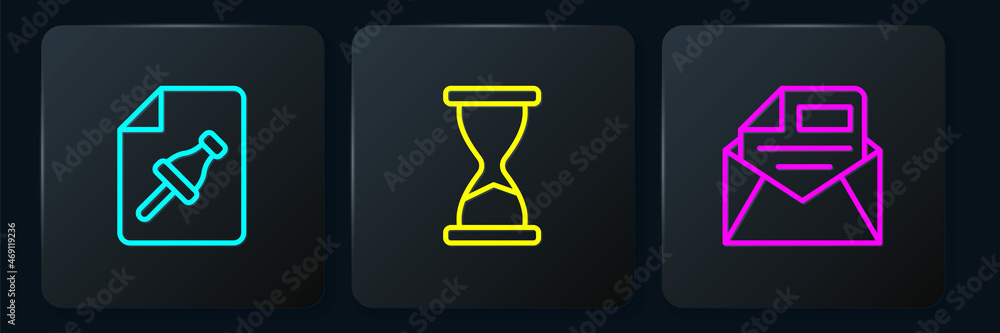 Poster set line note paper with push button, mail and e-mail and old hourglass. black square button. vector