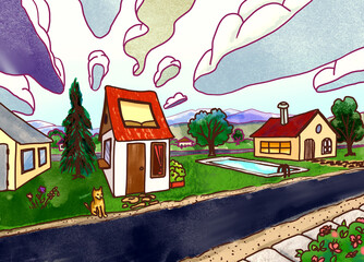 Obraz na płótnie Canvas Cute village houses. Perspective under blue clouds