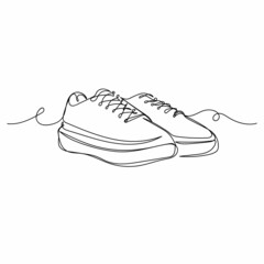 Vector continuous one single line drawing icon of pair of shoes in silhouette on a white background. Linear stylized.