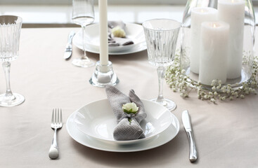 Beautiful table setting for wedding celebration in restaurant