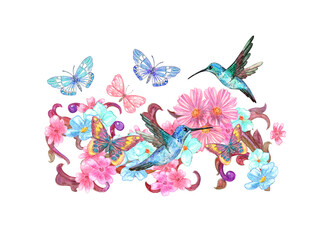 isolated border floral design with flowers, butterflies and couple of hummingbirds. watercolor painting