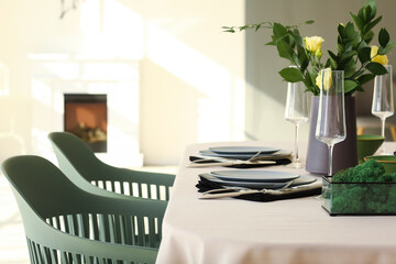 Beautiful table setting for wedding celebration in restaurant