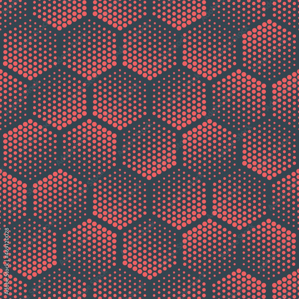 Poster geometric halftone pattern dotted hexagons red blue abstract tileable background. half tone dots rep