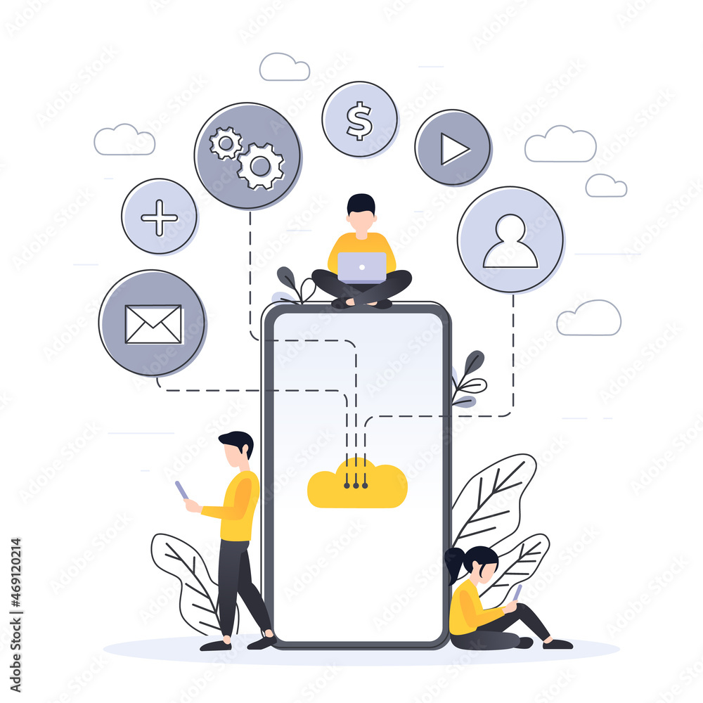 Poster modern flat design of cloud technology for banner and website. small people with smartphone. cloud c