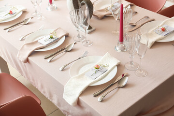 Beautiful table setting for wedding celebration in restaurant