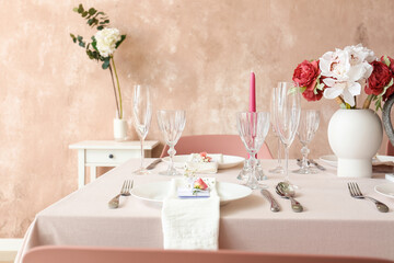 Beautiful table setting for wedding celebration in restaurant