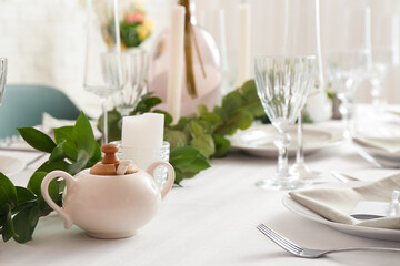 Beautiful table setting for wedding celebration in restaurant, closeup