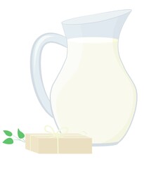 Natural soap with goat  milk and glass jug isolated on white.  Handmade   beauty treatment.