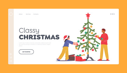 Fototapeta na wymiar Classy Christmas Landing Page Template. Kids Put Toys on Beautiful Fir Tree, Children Decorate Home for New Year Holiday