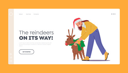 Winter Season Holidays Preparation Landing Page Template. Little Girl Wear Santa Hat Decorate Xmas Deer with Scarf