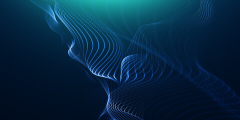 Abstract colorful digital particles wave with bokeh and light background, 3d render wave line dot background, line wave light glowing effect particular background.	