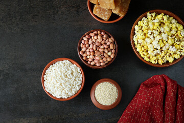 Peanut groundnut Indian Puffed rice popped rice sesame Popcorn Murmura winter food Indian festival food snack Lohri Makar Sankranti Pongal Diwali harvest festival Tamil Nadu festival Punjab India