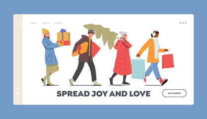 Fototapeta premium Male and Female Characters Prepare Presents and Fir Tree Landing Page Template. Happy People Carry Wrapped Gift Boxes