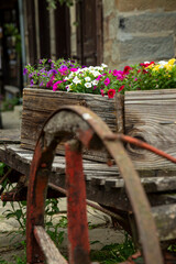 Decorative wooden crate and flower pot on a garden's fence.