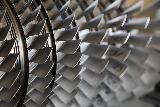 Turbine blades of an aircraft engine. Close up. Selective focus.