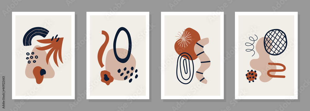 Poster Vector set of posters with abstract geometric shapes and objects. Trendy organic and minimalistic design 
