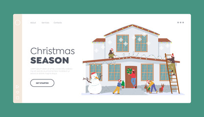 Christmas Season Landing Page Template. Happy Family Decorate House for Celebration. Parents and Kids Hang Garland