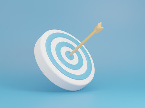 Yellow arrow hit the center of blue target or goal of success, Business target achievement concept, 3d render illustration