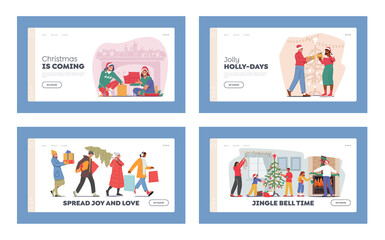Obraz na płótnie Canvas People Prepare for Christmas Holidays Landing Page Template Set. Male and Female Characters Wrapping Gifts, Buying Presents