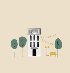 old building on cream background. Vector illustration of cozy cafe with simple trees and christmas lights, bench 