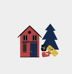 Winter and christmas house on white. Vector illustration of cozy home with christmas tree and gifts 