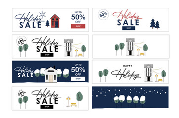 Happy New Year and Merry Christmas, Winter Holiday Sale banner and card set. Xmas snow with trees and house. Festive Christmas. Holiday poster, header for website, greeting card, flyer, email, Bundle