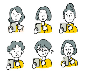 スマホを使う老人　おばあさん　中年女性
イラスト　スマートフォン