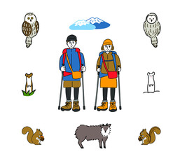 登山　トレッキング　セット　山の動物セット
イラスト
