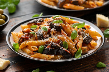 Pasta alla Norma with eggplant or aubergine, tomato, parmesan and basil. Healthy food