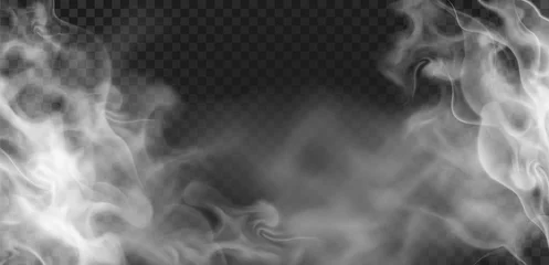 Selbstklebende Fototapeten Realistic transparent wavy hot steam or smoke effect. Evaporation, fog or haze. Spooky mist cloud. Food or drink vapour vector background © Tartila
