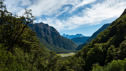 View of Routeburn Flats on the Routeburn Track, one of the Great Walks of New Zealand.