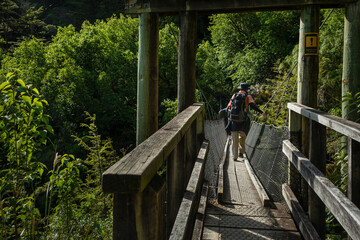 Hikers walking on a swing bridge at Roueturn Track. Yellow warning sign on the bride with words –...