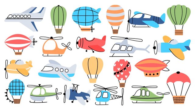 Air transport in childish style, plane, helicopter, airship and balloon. Flying airplanes for kids nursery decoration, traveling vector set
