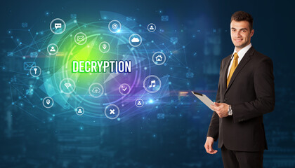 Businessman thinking about modern technology