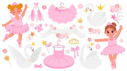 Cartoon ballet shoe, clothing, dancing ballerinas and swans. Cute ballet dance accessories and decoration. Flowers, crowns, tutu vector set - obrazy, fototapety, plakaty