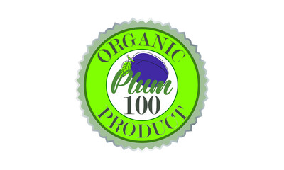 Logo of green organic clean food - plum. The label is suitable for packaging, green eco bioproduct, business, environment and label