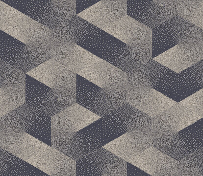 Different Stippled Isometric Cube Shapes Seamless Pattern Geometric Vector Abstract Background. Halftone Modern Texture Dotwork Hexagons Repetitive Wallpaper. Retro Colors Hand Drawn Art Illustration