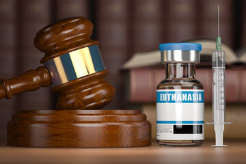 Euthanasia concept. Gavel as a symbol of legal system vith vial and syringe. - obrazy, fototapety, plakaty