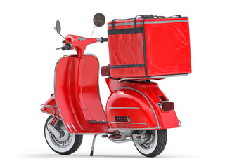 Scooter express delivery service. Red motor bike with delivery bag isolated on white.